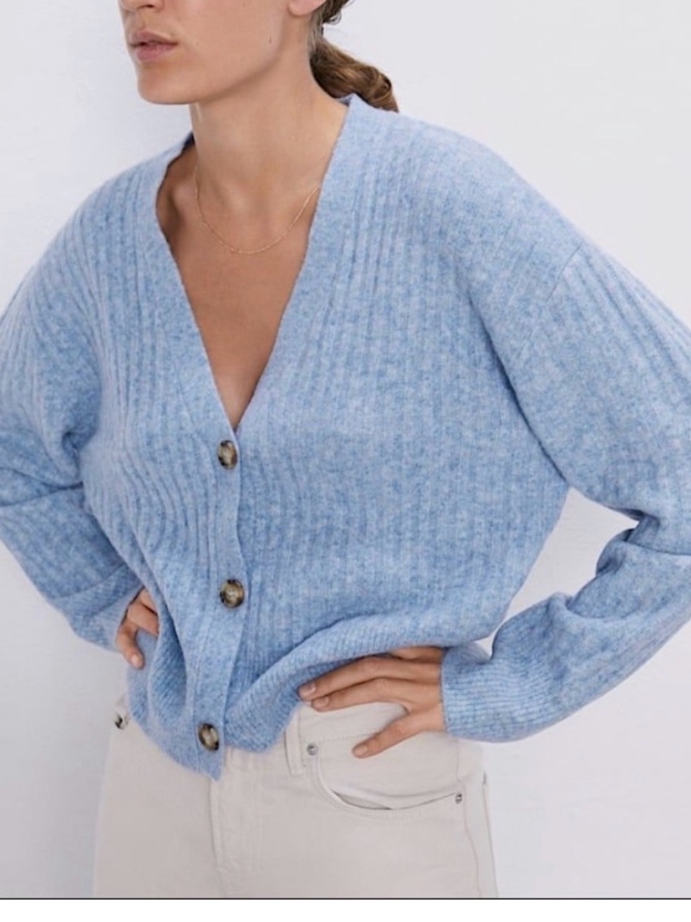 Zara Knit Blue Ribbed Button Front Cardigan Women's Small